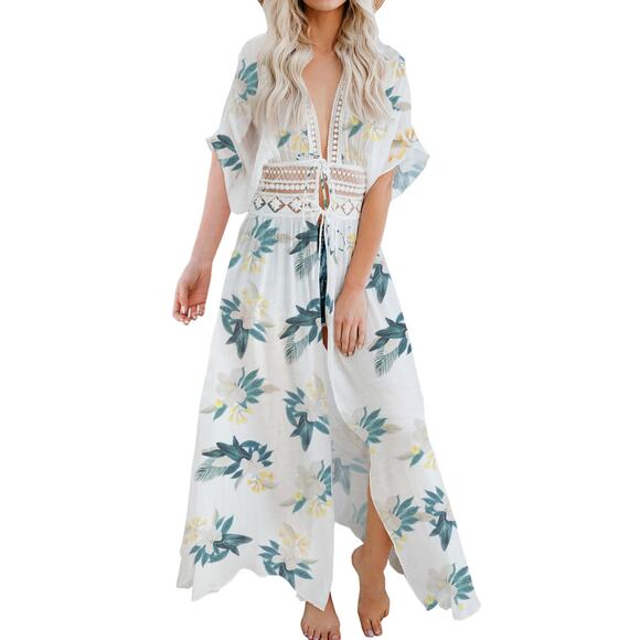 🎀Chiffon Floral Pattern Lace Trim Detail Cover Up Longline Beachwear | Size XL - Picture 4 of 7